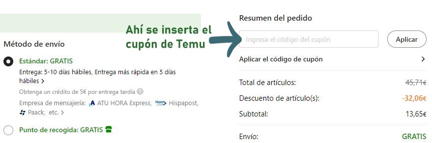 Casilla para el código cupón de Temu